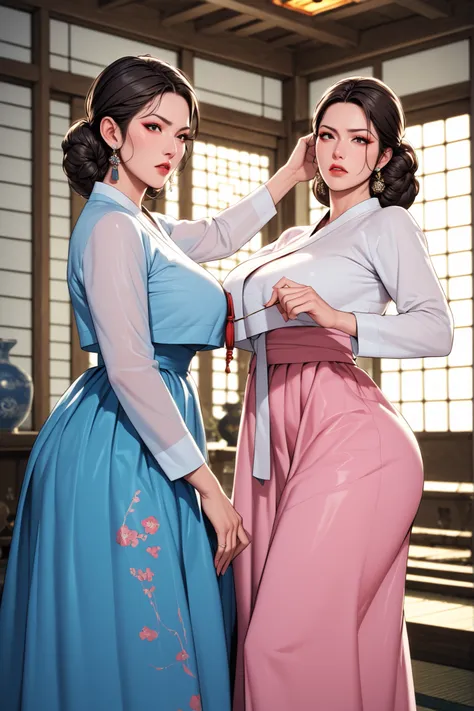 Two sexy, big-breasted ancient Korean girls. mature face. Each has black hair, brown hair. Two women with elegant hair. black eyes. Two women, each with a light blue hanbok, pink hanbok. , are facing each other and slapping their hands in the face. Korean ...