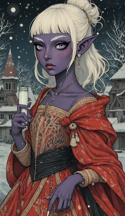 (A fusion of Ukiyo-e and dark fantasy. Aesthetic and gothic digital art. Draw a detailed face. Look away.) BREAK (Transparent white hair. Blunt bangs. White eyebrows. Long white eyelashes. Almond-shaped eyes. Lavender-colored eyes. Thick, dark eyeliner. Sm...