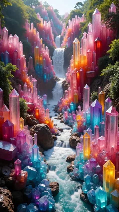 A cliff that is 300 feet tall made up of hundreds of gigantic translucent quartz crystal points that are different colored pillars in a tropical rainforest. In the middle of these partially see-through crystals is an incredible gushing, cascading waterfall...