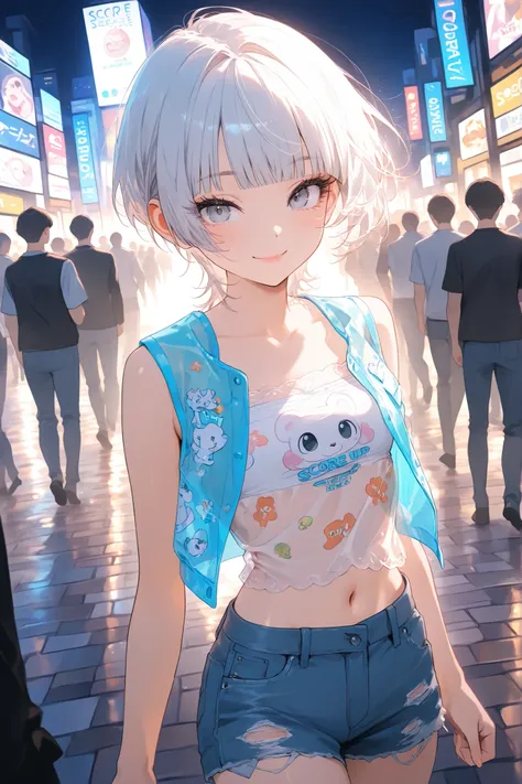 score_9, score_8_up, score_7_up, score_6_up, 
1girl teen girl, smile, (cute colored see-through open vest over a cartoon print tube top), short denim shorts, white hair, boy cut hair, navel,  grey eyes, pretty eyes, cute lips, small, long eyelashes, blunt ...