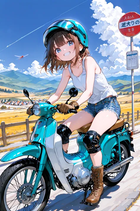 (masterpiece, 8k, top quality, highest standard, highest quality), (1 girl), soro, (A girl riding a Honda Super Cub, Parked, Place the helmet on the handlebars, cool helmet, Motorcycle elbow and knee protectors, gloves on both hands, tranquil roads on the plateau, summer cumulonimbus clouds, happy smiles), Petite girl, sleeveless shirt, denim hot pants, brown boots, cute face, pretty face, (short brown hair:1.3), beautiful eyes, eyelashes, healthy skin, high-detail skin, natural breasts, beautiful thighs, attractive, Bus stop sign, dragonfly flying in the sky, Perspective, wonderful natural background,