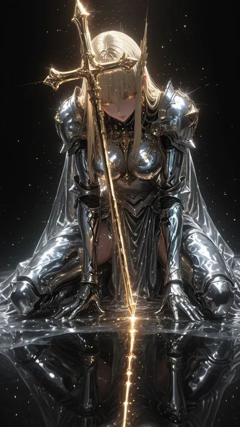 gold jewelry, Heroic Temperament, battle atmosphere, reflective metal surface , silver armor, bright lighting, fondo simple, fondo blanco, bright light , magnificent, magic particles, seductive aura, physical fluid fabric, intricate gold jewelry,reflect...