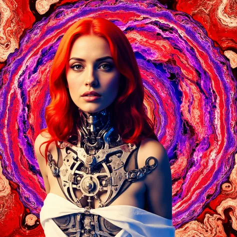 A striking image featuring a female figure with vibrant red hair cascading over her shoulders, set against a vivid and abstract psychedelic background. Her torso opens to reveal intricate mechanical components, reminiscent of a futuristic or steampunk aest...