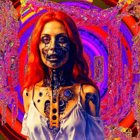A futuristic scene featuring a humanoid figure with striking long, vibrant red hair cascading over their shoulders. The body's design exhibits a blend of human and machine elements, with visible mechanical parts and circuits replacing the chest and shoulde...