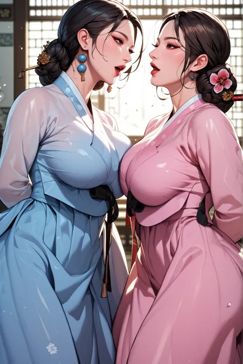 Two sexy, big-breasted ancient Korean girls. mature face. Each has black hair, brown hair. Two women with elegant hair. black eyes. Two women, each with a light blue hanbok, pink hanbok. Two women are facing each other and fighting by hitting them with the...