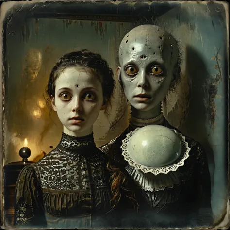 masterpiece, best quality, old photo texture, daguerreotype, tintype, sepia color, brown and yellowed, women sitting with a grey alien with a large head and huge black eyes, antique, vintage, aged paper, scratches, dust particles, faded edges, historical p...