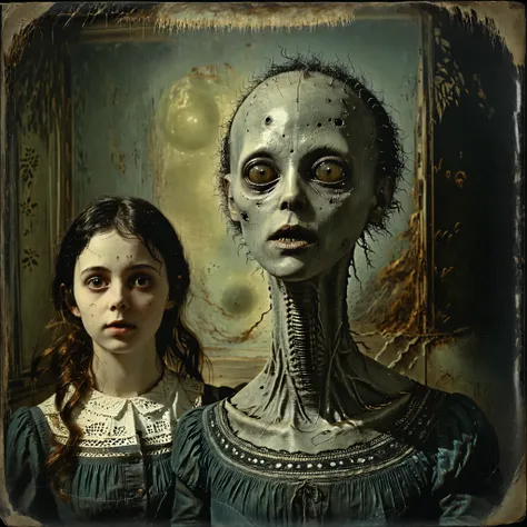 masterpiece, best quality, old photo texture, daguerreotype, tintype, sepia color, brown and yellowed, women sitting with a grey alien with a large head and huge black eyes, antique, vintage, aged paper, scratches, dust particles, faded edges, historical p...