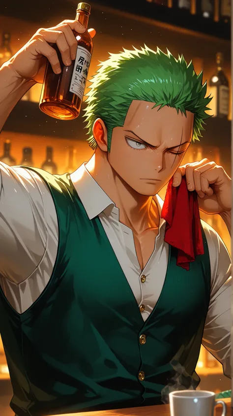solo, {Roronoa Zoro, ((male)), lean build, mature:1.9, adult, muscular, my hero academia, short green hair, grey eyes, diagonal scar over his left eye, button up shirt unbutton at collar, dark green vest, black slacks, red rag hanging over shoulder, bottle...