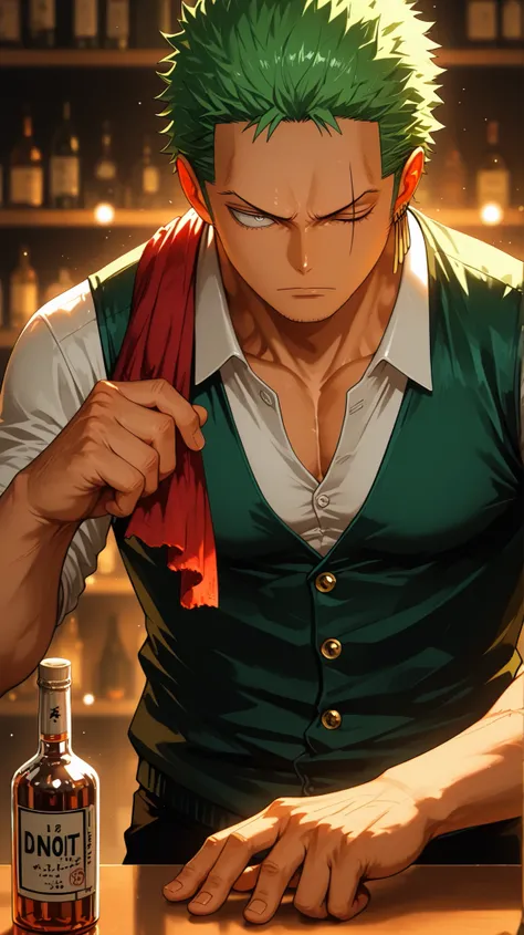 solo, {Roronoa Zoro, ((male)), lean build, mature:1.9, adult, muscular, my hero academia, short green hair, grey eyes, diagonal scar over his left eye, button up shirt unbutton at collar, dark green vest, black slacks, red rag hanging over shoulder, bottle...