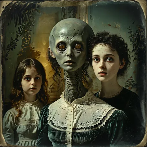 masterpiece, best quality, old photo texture, daguerreotype, tintype, sepia color, brown and yellowed, women sitting with a grey alien with a large head and huge black eyes, antique, vintage, aged paper, scratches, dust particles, faded edges, historical p...