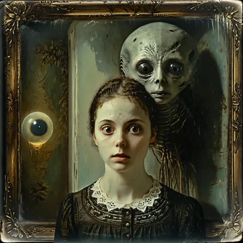 masterpiece, best quality, old photo texture, daguerreotype, tintype, sepia color, brown and yellowed, women sitting with a grey alien with a large head and huge black eyes, antique, vintage, aged paper, scratches, dust particles, faded edges, historical p...