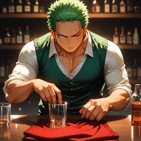 solo, {Roronoa Zoro, ((male)), lean build, mature:1.9, adult, muscular, my hero academia, short green hair, grey eyes, diagonal scar over his left eye, button up shirt unbutton at collar, dark green vest, black slacks, red rag hanging over shoulder, bottle...