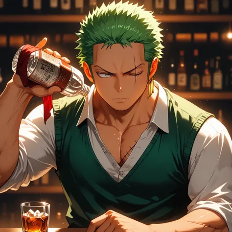 solo, {Roronoa Zoro, ((male)), lean build, mature:1.9, adult, muscular, my hero academia, short green hair, grey eyes, diagonal scar over his left eye, button up shirt unbutton at collar, dark green vest, black slacks, red rag hanging over shoulder, bottle...