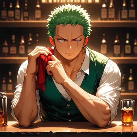 solo, {Roronoa Zoro, ((male)), lean build, mature:1.9, adult, muscular, my hero academia, short green hair, grey eyes, diagonal scar over his left eye, button up shirt unbutton at collar, dark green vest, black slacks, red rag hanging over shoulder, bottle...