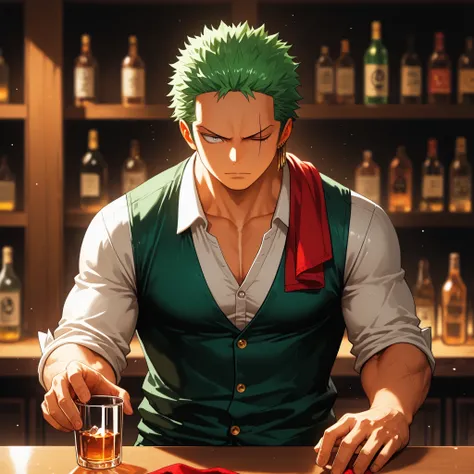 solo, {Roronoa Zoro, ((male)), lean build, mature:1.9, adult, muscular, my hero academia, short green hair, grey eyes, diagonal scar over his left eye, button up shirt unbutton at collar, dark green vest, black slacks, red rag hanging over shoulder, bottle...