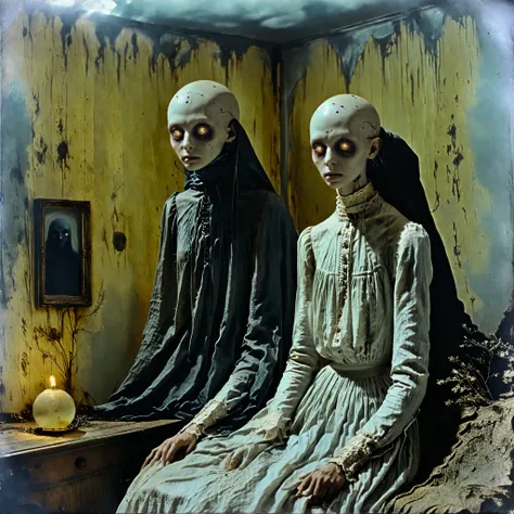 masterpiece, best quality, old photo texture, daguerreotype, tintype, sepia color, brown and yellowed, women sitting with a grey alien with a large head and huge black eyes, antique, vintage, aged paper, scratches, dust particles, faded edges, historical p...