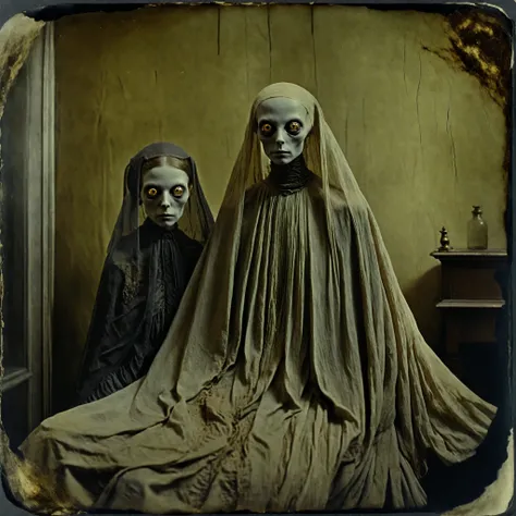 masterpiece, best quality, old photo texture, daguerreotype, tintype, sepia color, brown and yellowed, antique, vintage, aged paper, scratches, dust particles, faded edges, historical photograph, 19th century style, high detail, ultra complex , 8k, 3 women...