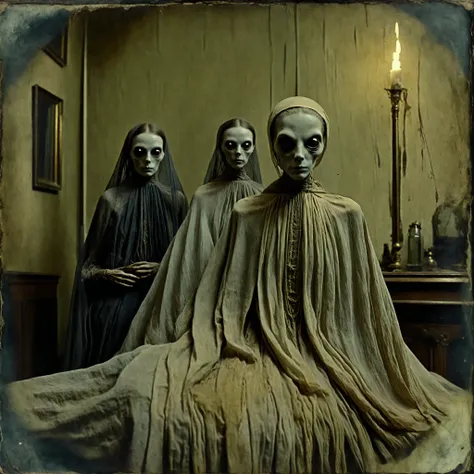 masterpiece, best quality, old photo texture, daguerreotype, tintype, sepia color, brown and yellowed, antique, vintage, aged paper, scratches, dust particles, faded edges, historical photograph, 19th century style, high detail, ultra complex , 8k, 3 women...