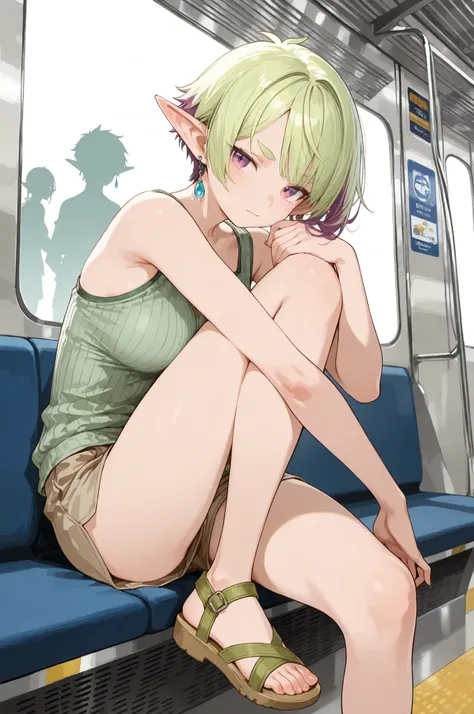((best quality)), ((masterpiece)), (detailed), Anime-style female elf, with very short hair and earrings. Her hair has purple mesh highlights. She is wearing a ribbed moss-green tank top, beige slacks, and green sandals. She sits on a bench inside a train ...