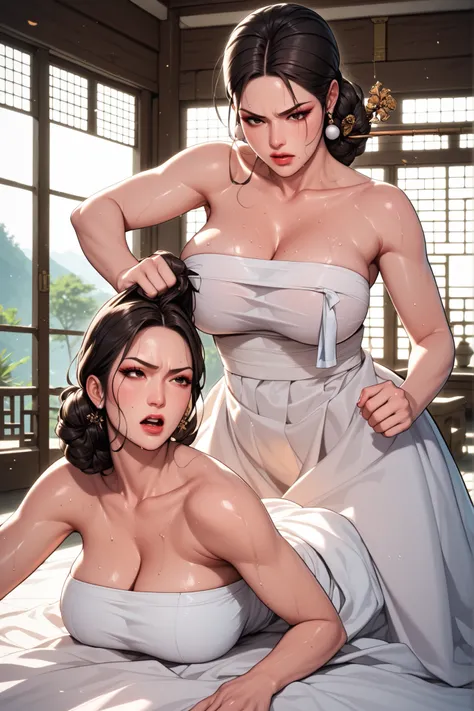 Two sexy, big-breasted ancient Korean girls. mature face. Each has black hair, brown hair. Two women with elegant hair. black eyes. Two women in a white skirt and a white tube top. Two women are fighting while grabbing hair. Korean Palace Queen's Room Back...