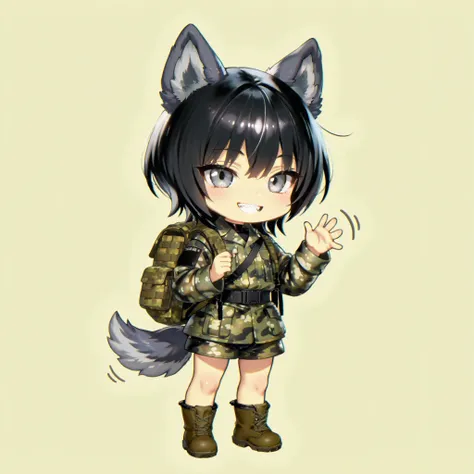 chibi,,masterpiece、High Quality、Anime style expression、Girl with 3 Headed Dog Ears、1 person、black hair wolf cut、gray eyes、sharp gaze、small tits、black dog tail、Camouflage military uniform、black leotard、Brown Boots、camouflage backpack and firearms、Waving fro...