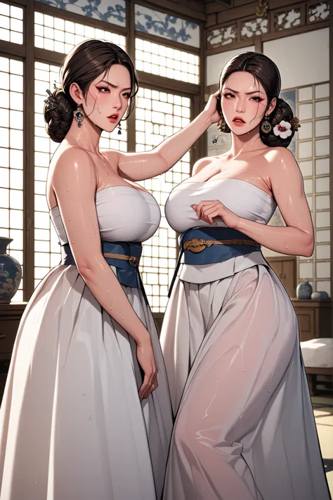 Two sexy, big-breasted ancient Korean girls. mature face. Each has black hair, brown hair. Two women with elegant hair. black eyes. Two women in a white skirt and a white tube top. Two women face to face and slap each other on the cheek. Korean Palace Quee...