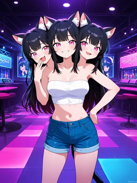 conjoined, anime catgirl with three heads, black hair, cat ears, pink eyes, smiling, giggling, friendly, inviting, white tube top, blue short pants, nightclub, dance floor