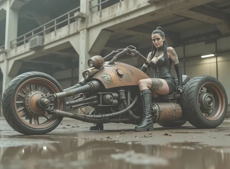 The image shows a desolate scenario with a woman, tilted and taking the handlebars to adapt to speed on a uniquely designed motorcycle that embodies a steampunk or post-apocalyptic aesthetic. The motorcycle is sturdy, has only 2 sturdy all-terrain wheels, ...