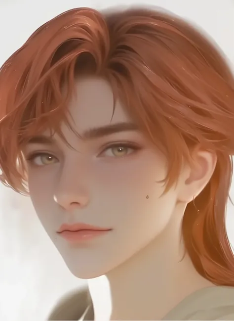 red-haired boy with hair like dancing flames, eyes the color of young leaves in spring, intense and curious look, fair skin adorned with freckles like stardust, soft and youthful features, An expression that suggests adventures to come, natural light playi...