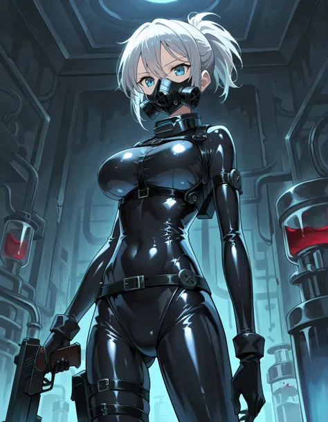 dark filter, source_anime, Alone, standing, holds a gun, serious look, black gas mask, gas mask covering your mouth, Big breasts, silver hair short ponytail, detailed eyes, blue eyes, black harness , ((( Slim Fit Rubber Suit ))), (black gloves), thigh harn...