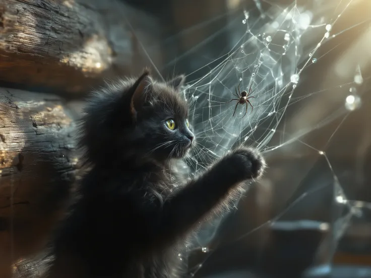 Photorealistic art composition with a black fluffy kitten exploring a spider web in the corner of a wooden house, 8k, hyperrealism, studio quality, highly detailed photography. Curious kitten in profile with soft glossy fur and bright green eyes carefully ...