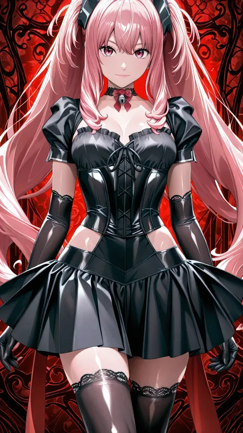 solo, grace_sveg, pink hair, Tight waist、Small waist、shiny Skin ,  (upper body), light smile,  gothic theme, shoulderless black velvet blouse with layered puff sleeves, deep red ribbon brooch, shiny black satin waist-cinching corset, bell-shaped double-lay...