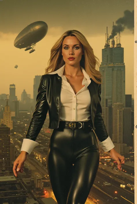  Full body image of a beautiful sexy sensual woman 25 years old, blonde long hair, blue eyes, red lips, thin waist, broad shoulders, long thighs, full breasts, wearing tight black leather pants that highlight her shapely legs and thin waist, white buttoned...