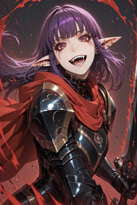 1girl, Esil Radiru, pointy ears, solo, purple hair, jewelry, earrings, armor,long hair,ear piercing, facial tattoo, teeth, facial mark, red eyes, bangs, shoulder armor, piercing, fangs, purple eyes,elf,cape, red cape, good anatomy, abstract background, sta...