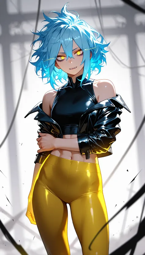 solo, half body, {((man)), my hero academia, ((mature:9)), otoko no ko, toned body, ((electric blue hair)), short messy hair, hair in face, hair between eyes,, light skin, ((yellow glowing eyes)), sharp fangs, dark shadows under eyes, confident expression,...