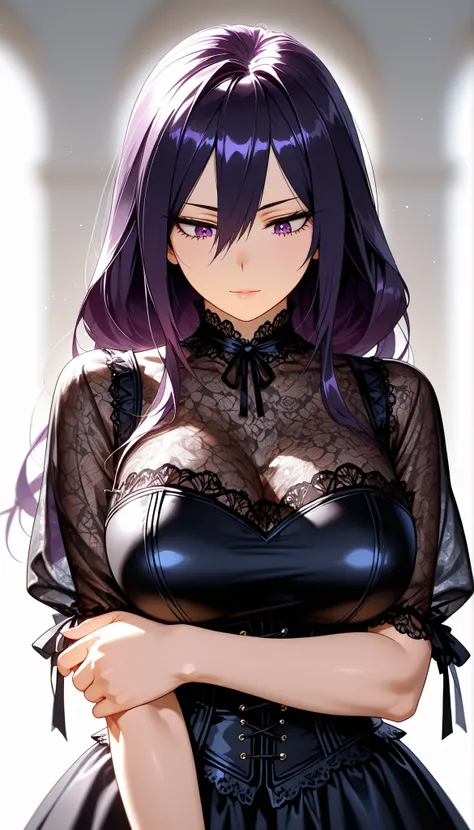 solo, half body, {((female)), my hero academia, ((mature:9)), toned body, large breast, ((dark purple hair)), long hair, hair in face, hair between eyes,, light skin, ((purple eyes)), confident expression, wearing gothic black lace dress with corset, stand...