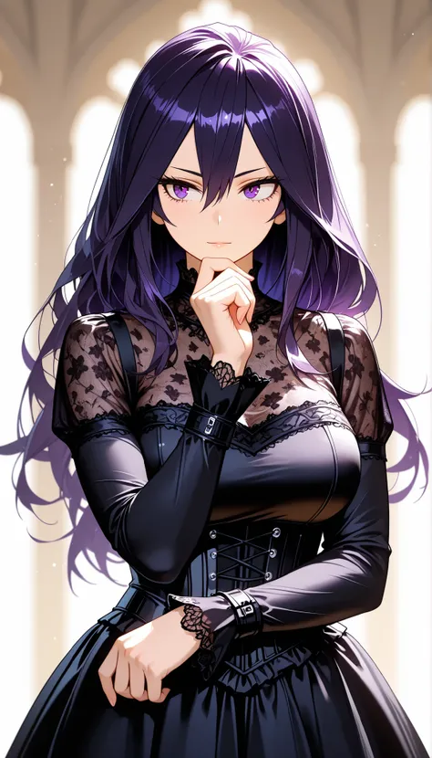 solo, half body, {((female)), my hero academia, ((mature:9)), toned body, large breast, ((dark purple hair)), long hair, hair in face, hair between eyes,, light skin, ((purple eyes)), confident expression, wearing gothic black lace dress with corset, stand...