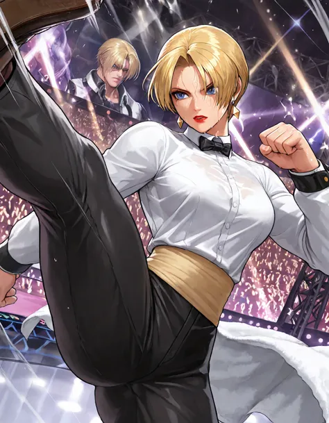 
King (King of Fighters), fighting posture, Upper body, 
(is difficult Confident high-resolution, masterpiece after sex, Top Quality, Carefully designed CG, 2.5D, High quality animated illustrations) 
(HD Skin, Beautiful complex skin depictions, Muscular and appealing proportions, with a towel and get sweaty, scarred body, ) 
(Very beautiful and intricate facial depiction,  female character，Boy-style short blond hair, blue eyes, Glossy red lips, earrings) 
( intense gloss , Reflective Material, black bow, long sleeve shirt, Black Pants, black leather loafers,) 
(glare, Shut up, front view, Side Kick，Kick the audience)
Super beautiful and delicate game background: Chaotic bar
