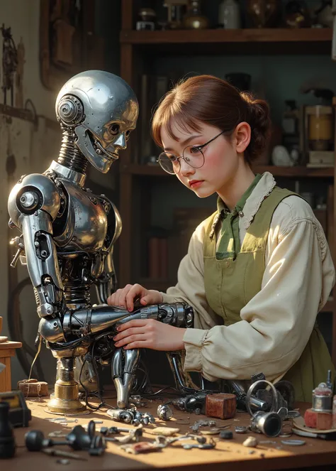 20th century movie scene、Broken Boy's Robot、Cute and young、Girl Doctor、Girl is Maintaining the Robot. Girl with Cute Glasses、Repairing the Robot's Arm on the Desk、Like a wall々What tool、Realistic、Detailed