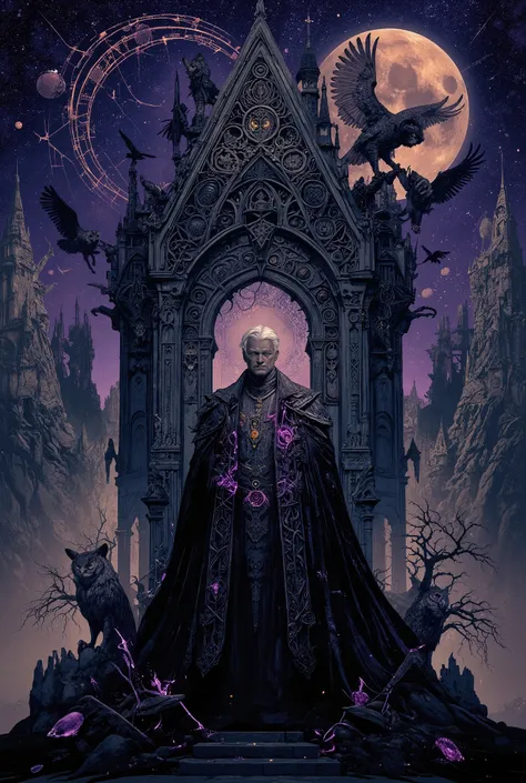 A transcendent portrait of an illuminated Dark Lord rendered in baroque gothic splendor, his perfectly trimmed silver hair swept back in aristocratic waves from noble temples, the short precise cut emphasizing his sharp cheekbones and strong jaw, creating ...