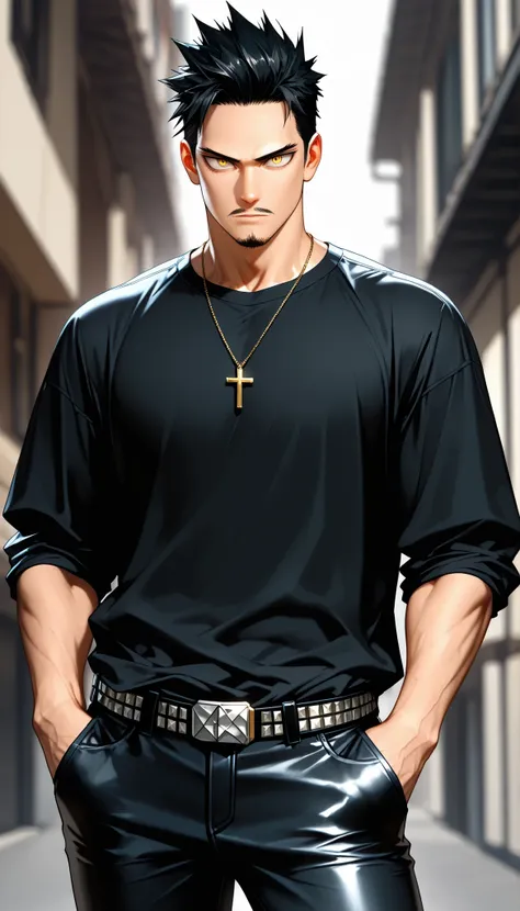solo, half body, {((male)), my hero academia, ((mature:9)), toned body, muscular, ((black hair)), clean short hair, sleek back hair, light skin, ((yellow eyes)), facial hair: goatee and mustache, sideburns, confident expression, necklace, cross necklace, s...