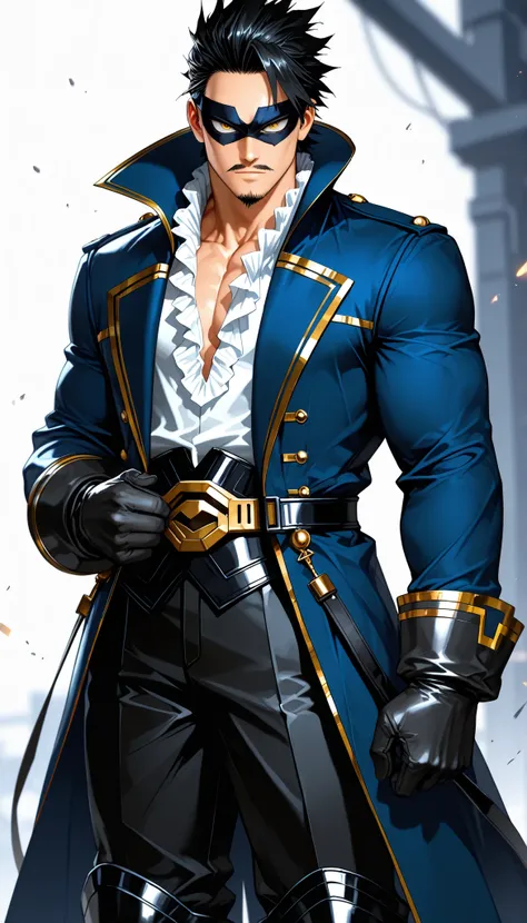 solo, half body, {((male)), my hero academia, ((mature:9)), toned body, muscular, ((black hair)), clean short hair, sleek back hair, light skin, ((yellow eyes)), facial hair: goatee and mustache, sideburns, confident expression, ((black eye-mask)), confide...