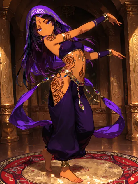 masterpiece, Highest Quality, perfect face, 1 female, youth, arabian, brown skin female, dark black color hair, long hair, dark purple color eyes, served,  temptation , provocative , ethnic patterns tattoo,full-body tattoo, dancing, bare feet, saloon,