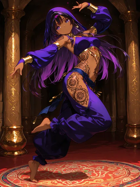 masterpiece, Highest Quality, perfect face, 1 female, youth, arabian, brown skin female, dark black color hair, long hair, dark purple color eyes, served,  temptation , provocative , ethnic patterns tattoo,full-body tattoo, dancing, bare feet, saloon,