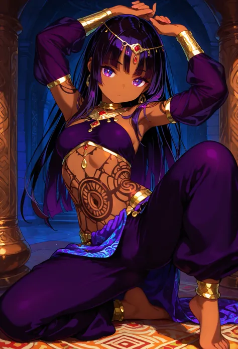 1 female, youth, arabian, brown skin female, dark black color hair, long hair, dark purple color eyes, served,  temptation , provocative , ethnic patterns tattoo,full-body tattoo, dancing, spread legs, raise the top leg, bare feet, saloon,
