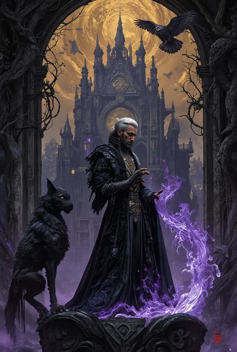 A transcendent portrait of an illuminated Dark Lord rendered in baroque gothic splendor, his perfectly trimmed silver hair swept back in aristocratic waves from noble temples, the short precise cut emphasizing his sharp cheekbones and strong jaw, creating ...