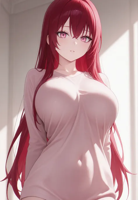 masterpiece, newest, Better resolution, good quality, Good Lighting, safe. beautiful, adult, anime, good anatomy, . long hair, Fuchsia red hair. pale pink eyes. dark eyelashes, piel clara, slim build, large breasts size C. She is 18 years old, measures 1'...