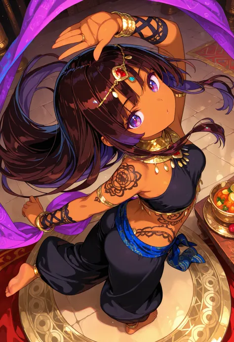 1 female, youth, arabian, dark skin female, dark brown black color hair, long hair, dark purple color eyes, served,  temptation , provocative , ethnic patterns tattoo,full-body tattoo, dancing, raise the top leg, bare feet,sole, looking at viewer, from abo...