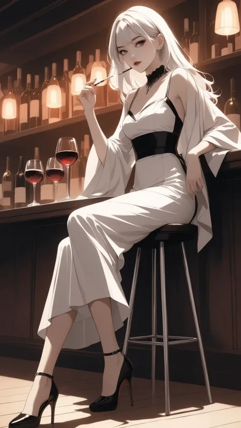 girls, illustration, Drunk color, High Contrast, digital painting, Concept Art Style, Wine Glasses,bar, dress, High Heels, holding a cigarette in one hand ,sitting on bar chair 