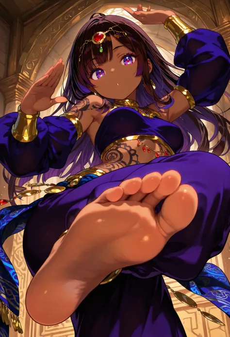 1 female, youth, arabian, dark brown skin female, dark  black color hair, long hair, dark purple color eyes, served,  temptation , provocative , ethnic patterns tattoo,full-body tattoo, dancing, bare feet, bare sole, looking at viewer, feet focus, detailed...